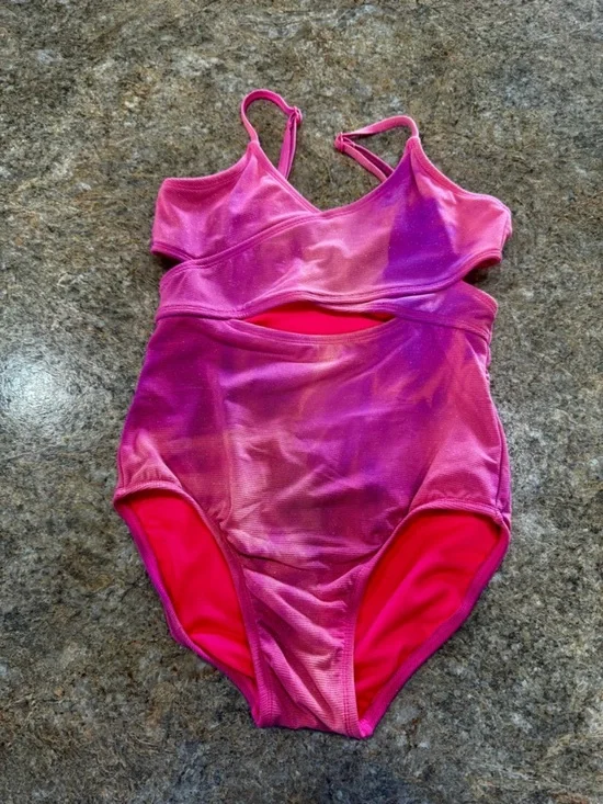Art Class Girls One Piece Swimsuit Pink Purple Shimmer Cutout Size L 10/12