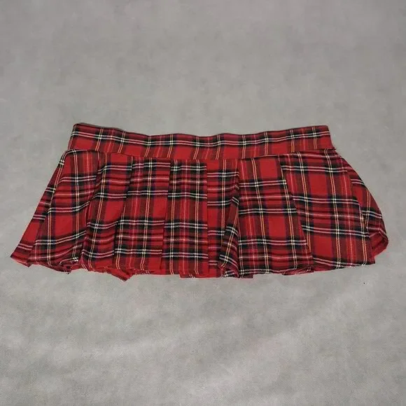 Red Plaid Pleated Micro Mini Skirt School Girl Costume Cosplay One Size Fits All