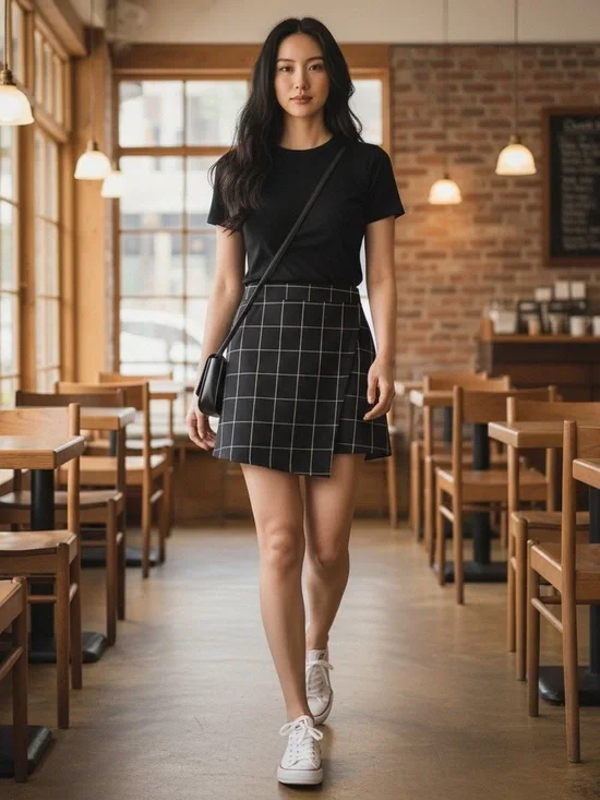 Forever 21 Black Windowpane Plaid Asymmetric Wrap Mini Skirt Sz Small