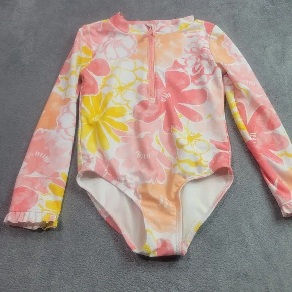 Just One You Carters Girls 5T Floral Long Sleeve Rash Guard Swimsuit Pink Yellow