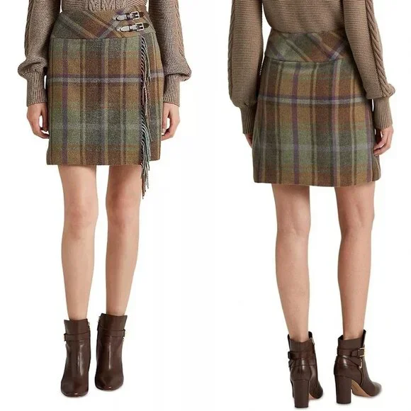 NWT New $225 Ralph Lauren Wool Plaid Fringe-Trim Tweed Mini Skirt Size 12