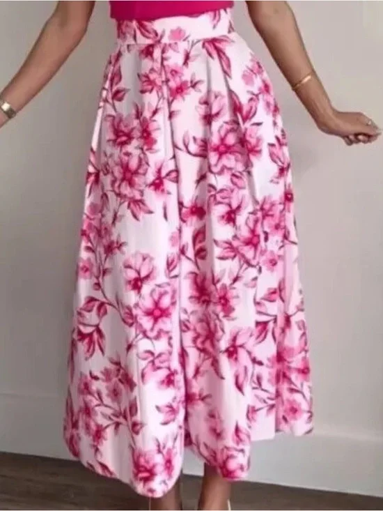 Zara Pink Floral High-Waist Midi Skirt