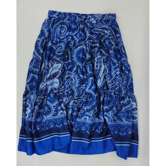Lauren Ralph Lauren Blue Paisley Tiered Maxi Skirt XL Elastic Waist Boho Flowy