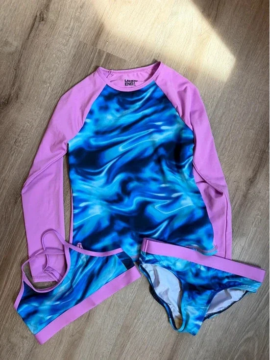 Lands' End Girl’s Three-Piece Rash Guard Swim Set - Blue and Pink, Size 7