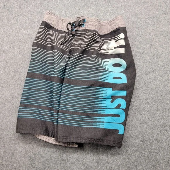 Nike Boys Board Shorts L Just Do It Black Gray Blue Striped Drawstring Pocket