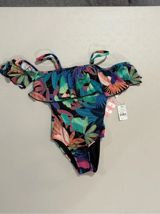 Pilyq Black One-Piece with Bright Tropical Leaf Print