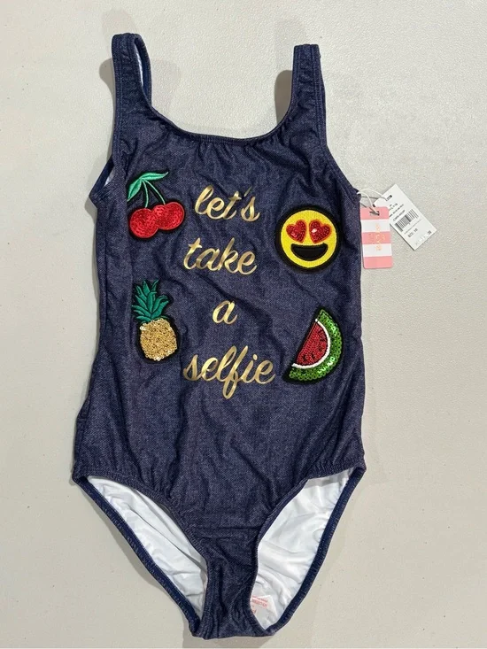 Pilyq Navy One-Piece Swimsuit with Fruit & Emoji Patches