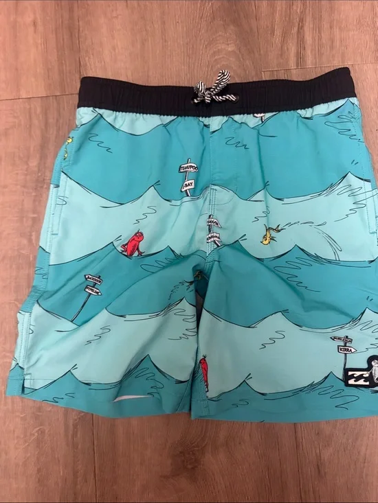 Billabong Kids Turquoise Wave Print Swim Trunks with Black Waistband. Waist 26