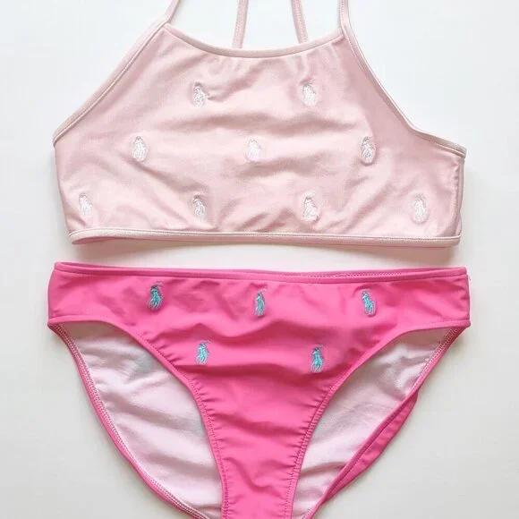 Polo Ralph Lauren Girl 2 Pc Swimsuit Bikini Size 14 Pony Lined Beach Resort EUC