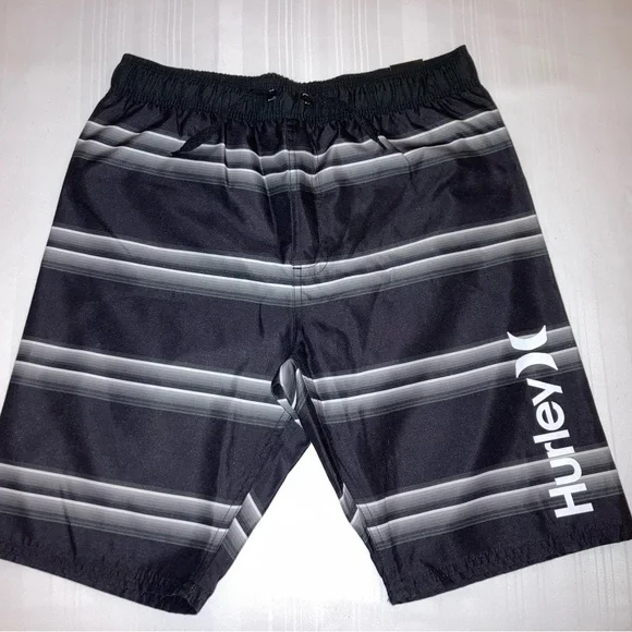Hurley Boys Swim Shorts NEW Black and White Striped Swim Trunks