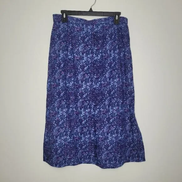 Vintage 90s blue purple linen blend midi abstract floral print skirt size large