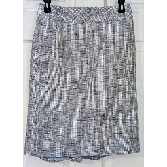 Ann Taylor Petites Tweed Pencil Skirt Blue White Knee Length Linen Blend Size 0P