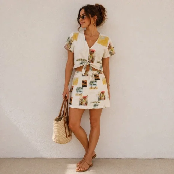 C&C California 2 Piece Set XS White Multicolor Postcard Print Top Mini Skirt