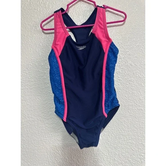 Speedo Kids Swimsuit XS Navy Blue Pink Blue Athletic One Piece Swim Wear