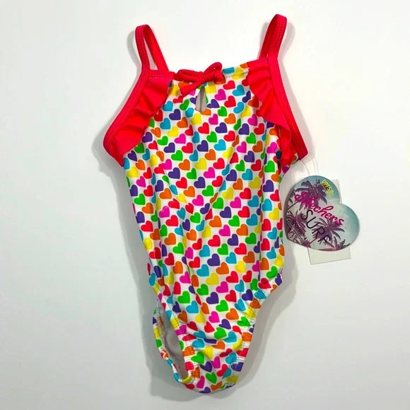 Skechers Girls' One Piece Swimsuits MULTI - Pink & Green Hearts Ruffle 12 Months