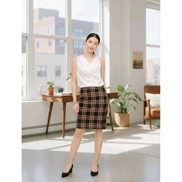 J. Crew Stewart Tartan Plaid Cotton Sateen Pencil Skirt Sz‎ 6 Classic Preppy