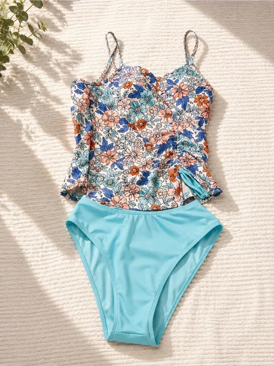 Kids Floral Tankini Swim Set in Light Blue - Unbranded