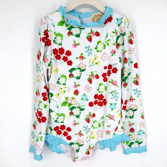 The Beaufort Bonnet Company Girl's Sarasota Surf Swimsuit Strawberry Floral Sz 8