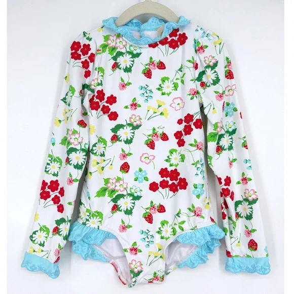 The Beaufort Bonnet Company Sarasota Surf Swimsuit Strawberry Floral Ruffle Sz 6