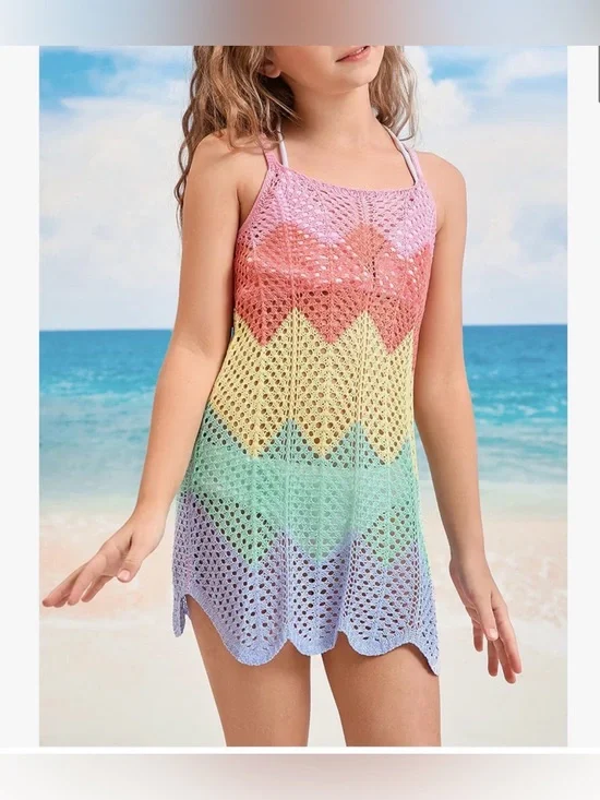 Girls' Rainbow Crochet Swim Cover-Up Dress - Pink, Yellow, Green, Blue