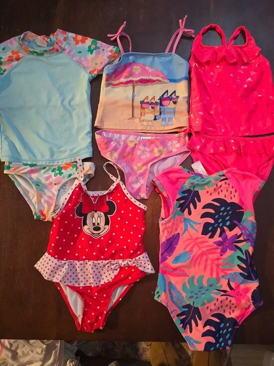 Lot of 5 Girls Swimsuits Size 4 (Bluey, Minnie Mouse, Floral, Rash Guard) Bundle