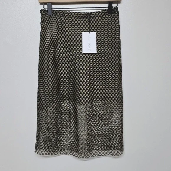 Alexis Larissa Lace Pencil Skirt Gold‎ Metallic Mesh Black Lined Size Small NWT