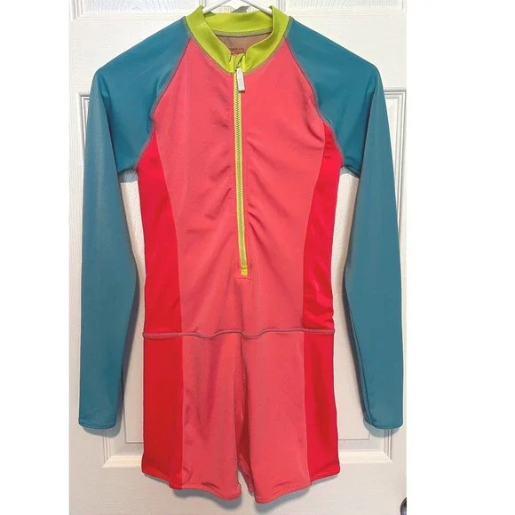 Crewcuts Kids 14 One Piece Long Sleeve Swimsuit Pink Teal Rash Guard UPF 50+