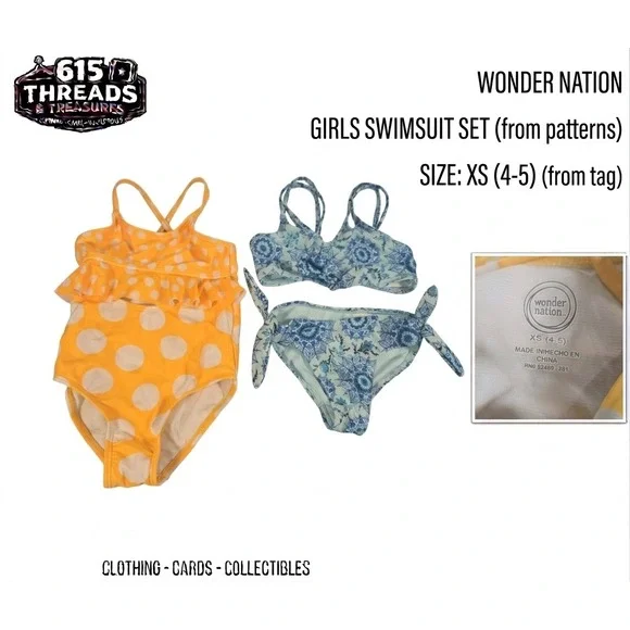 Wonder Nation Girls Swimsuit Set XS 4-5 Yellow Polka Dot One Piece Blue Bikini