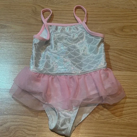 Carters Toddler Girls 3T Mermaid One Piece‎ Swimsuit Pink Tutu Silver Scales