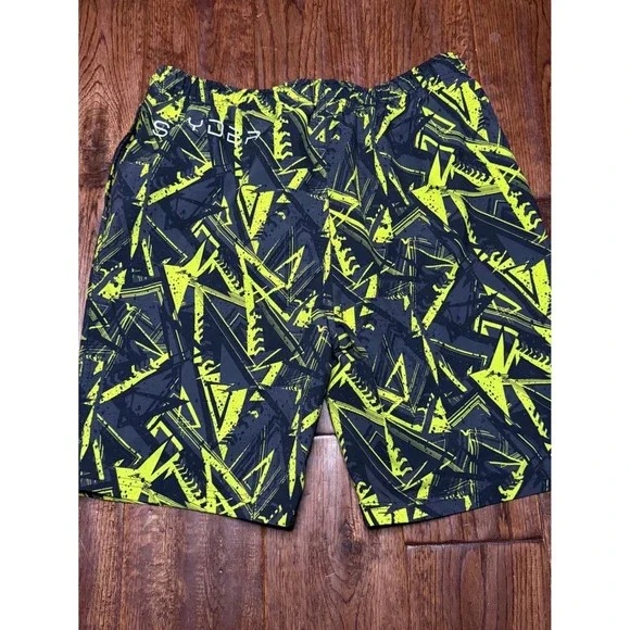 Spyder Boys Neon Yellow Grey Geometric Board Shorts‎ Swim Trunks Size L 14/16