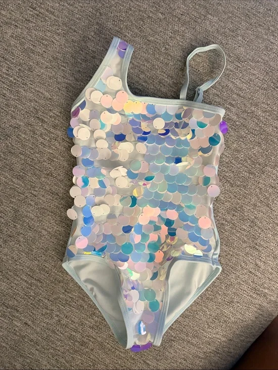 Lola and the Boys-Iridescent Sequin One-Piece Swimsuit - Light Blue