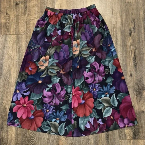 Vintage Alfred Dunner Midi Skirt Womens Sz 8 Bright Floral Dark Romantic USA‎