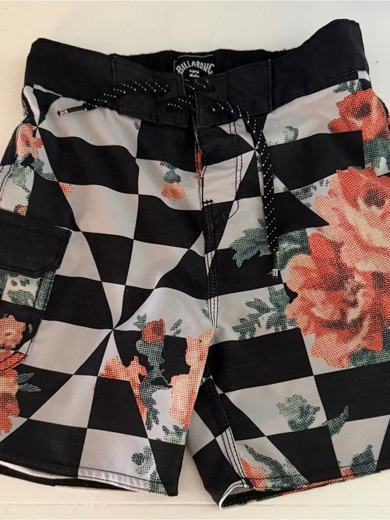 Billabong Black & White Checkered Women's Shorts with Coral Floral Accents