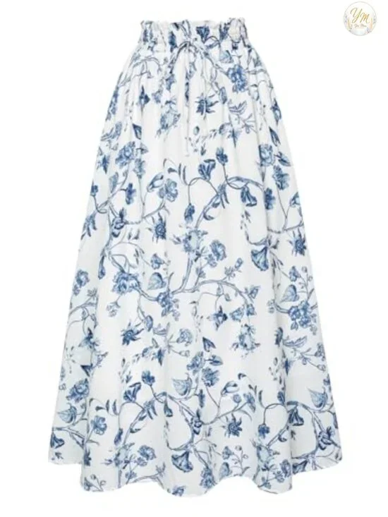 Women's Floral Maxi Skirt A-Line High Waist Elastic Drawstring Open Side