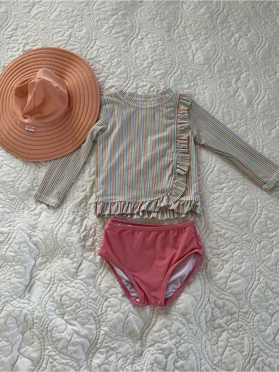 RuffleButts Rashguard Swimsuit with Hat Size 2T