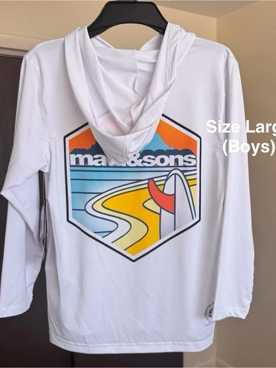 Maui and Sons The Beach Hooded Long Sleeve Sun Shirt  With 50+ UPF, Large