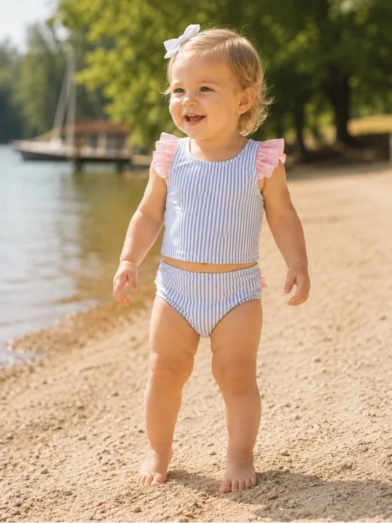 RuffleButts Blue Seersucker Two-Piece Swimsuit with Pink Polka Dot Ruffles