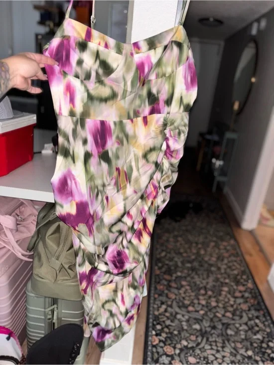 Cider Floral Asymmetrical Ruched Midi Skirt in Purple, Green, and Cream