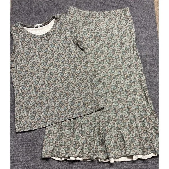 Vintage‎ Tilley 2 Piece Set Medium Green Floral Geometric Maxi Skirt Tank 1990s