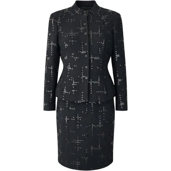 NWT Chanel 02A Black Sequin Tweed Skirt Suit Jacket Set P19919‎ FR 44 US 12