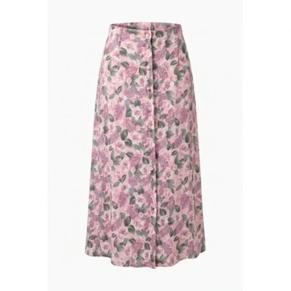 VTG Pinup A-line Boho Long Skirt Women M Pink Floral Button Front Rayon 80s Prep