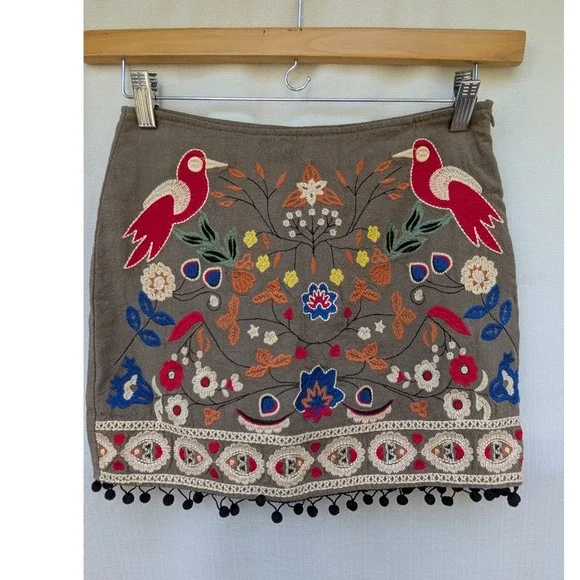 Altard State Linen Cotton Embroidered Mini Skirt Womens Small‎ S Brown Bird Folk