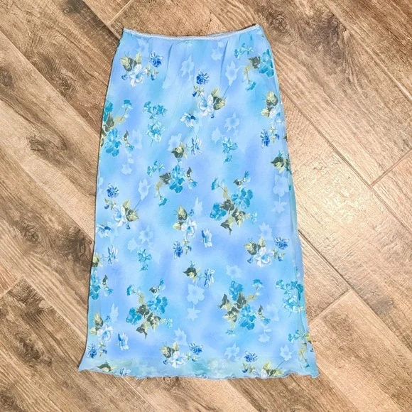 Jonathan Martin Studio Womens 90s Floral Lettuce-Hem Mesh Midi Skirt, Blue,M