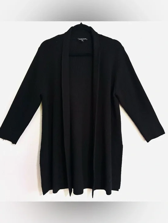 Eileen Fisher 100 Merino Wool Open Front Cardigan Black M Longline Quiet Luxury