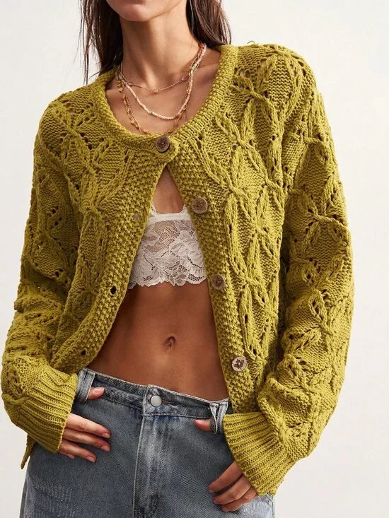 Green Casual Women's Heavy-Duty Hollow Knit Cardigan