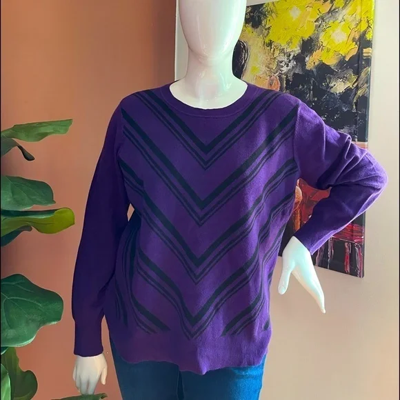 ⭐️Liz‎ Claiborne Womens Crew Neck Long Sleeve Pullover Sweater purple chevr