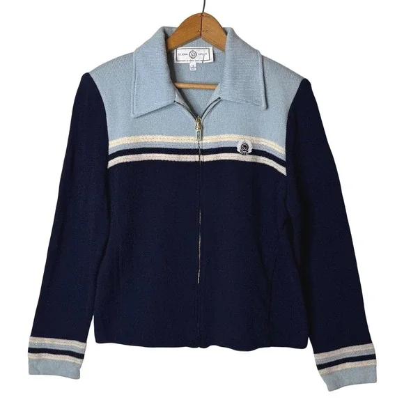 Vtg St John Sport Santana Knit Cardigan Sz S Blue Zip Preppy Nautical Jacket USA