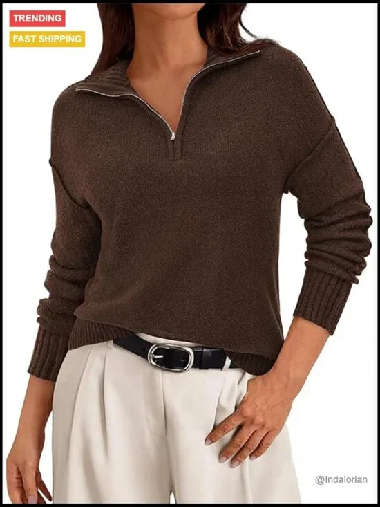 Quarter Zip Pullover Sweater V Neck Collared Knit Jumper Tops Long Sleeve Women