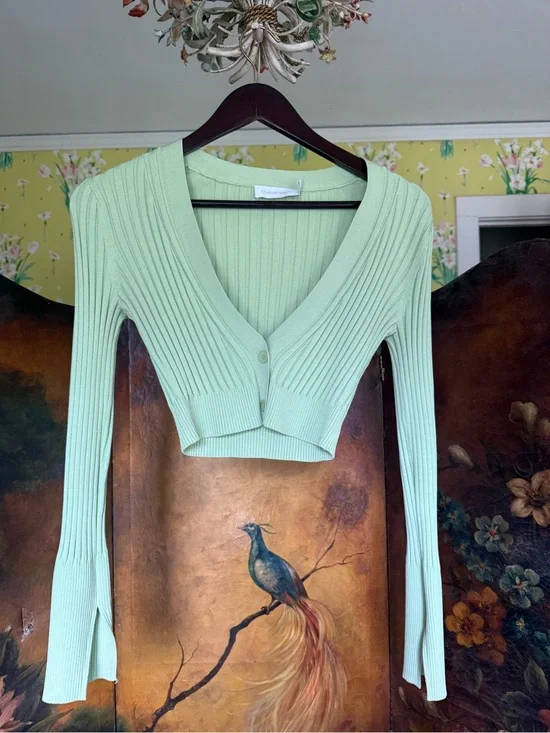 Jonathan Simkhai light Green Ribbed V-Neck Cropped Cardigan Sweater