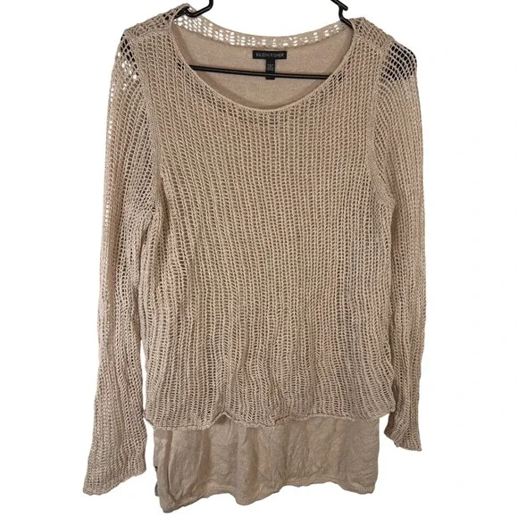 Eileen Fisher Womens Organic Linen Sweater Mesh Open Knit Tan S Beach Office